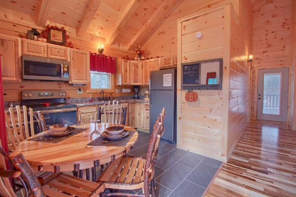 Wooden log cabin architecture in the dining area